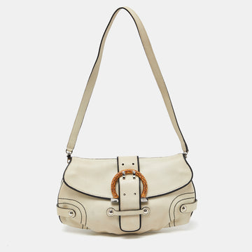 SALVATORE FERRAGAMO Beige/Black Leather Flap Shoulder Bag