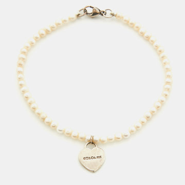 TIFFANY & CO. Return To Tiffany Cultured Pearl Sterling Silver Heart Tag Bracelet