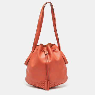 TOD'S Orange Leather Drawstring Bucket Bag