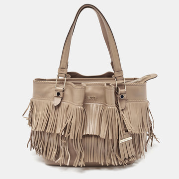 TOD'S Beige Leather Fringe Tote