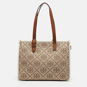 TORY BURCH Brown/Ivory T Monogram Canvas Small Tote