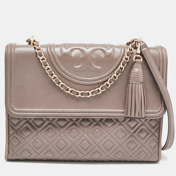 TORY BURCH Grey Quilted Leather Fleming Shoulder Bag