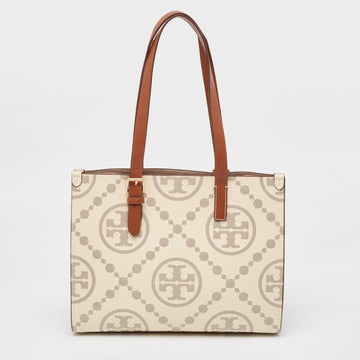 TORY BURCH New Cream/Brown T Monogram Leather Small Contrast Tote