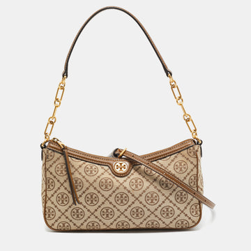 TORY BURCH Beige/Brow T Monogram Canvas and Leather Studio Shoulder Bag
