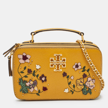 TORY BURCH Mustard Leather Floral Applique Britten Crossbody Bag