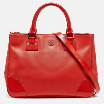 TORY BURCH Orange Patent and Leather Large Robinson Double Zip Tote