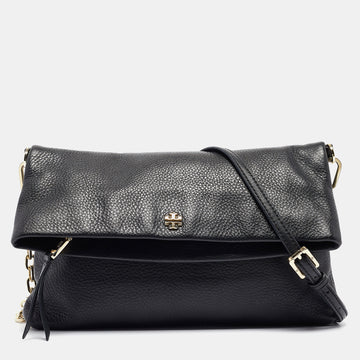 TORY BURCH Black Leather Foldover Crossbody Bag