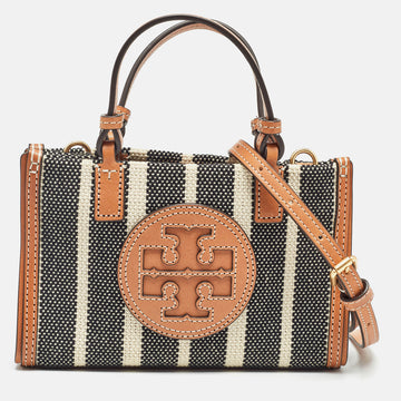 TORY BURCH Black/Ivory Striped Canvas and Leather Mini Ella Tote