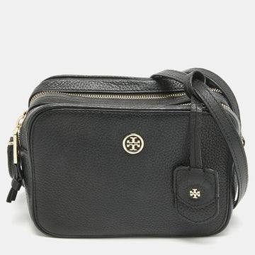 TORY BURCH Black Leather Robinson Double Zip Crossbody Bag