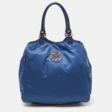 TORY BURCH Multicolor/Blue Floral Printed Nylon and Leather Reversible Tote