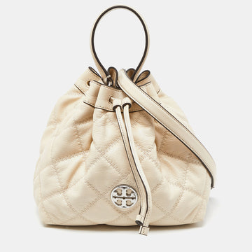 TORY BURCH Cream Quilted Leather Willa Drawstring Bucket Bag