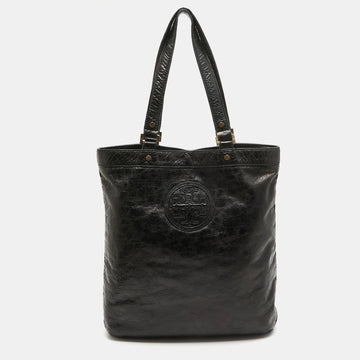 TORY BURCH Black Crinkled Patent Leather Embossed Tote