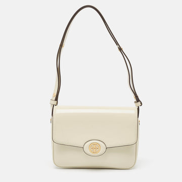 TORY BURCH Off White Patent Leather Robinson Spazzolato Shoulder Bag