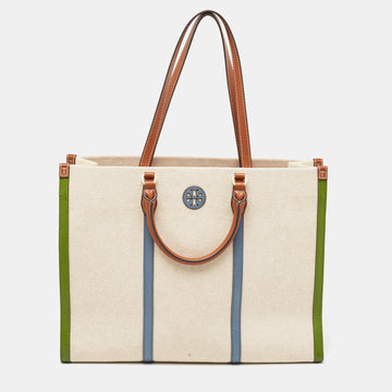 TORY BURCH Tricolor Canvas and Leather Blake Shopper Tote