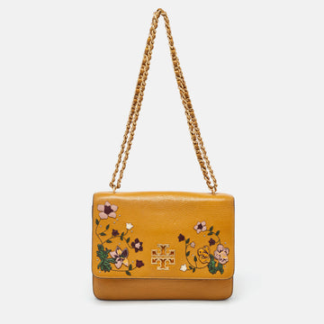 TORY BURCH Mustard Leather Britten Floral Applique Flap Bag