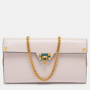 VALENTINO Light Pink Leather Rockstud Flap Wallet on Chain