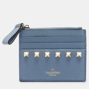 VALENTINO Blue Leather Rockstud Zip Card Holder