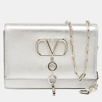 VALENTINO Silver Leather Small VCase Shoulder Bag