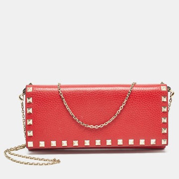 VALENTINO Red Leather Rockstud Flap Wallet on Chain