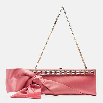 VALENTINO Pink Satin Crystal Embellished Bow Chain Clutch