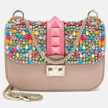 VALENTINO Beige Leather Multicolor Embellished Small Rockstud Glam Lock Flap Bag