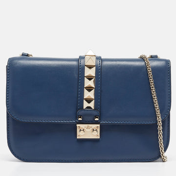 VALENTINO Blue Leather Large Glam Lock Chain Shoulder Bag