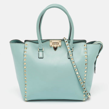 VALENTINO Light Blue Leather Medium Rockstud Trapeze Tote