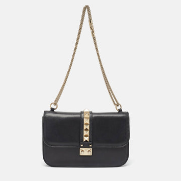 VALENTINO Black Leather Medium Rockstud Glam Lock Flap Bag