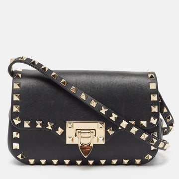 VALENTINO Black Leather Rockstud Flap Camera Shoulder Bag