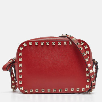 VALENTINO Red Leather Studded Camera Crossbody Bag