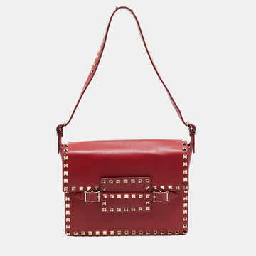 VALENTINO Red Leather Rockstud Flap Shoulder Bag