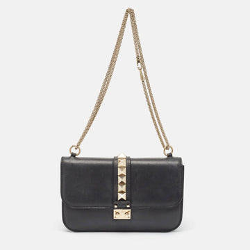 VALENTINO Black Leather Medium Rockstud Glam Lock Flap Bag