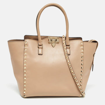 VALENTINO Beige Leather Rockstud Trapeze Tote