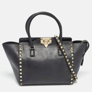 VALENTINO Black Leather Medium Rockstud Trapeze Tote