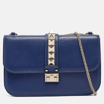 VALENTINO Blue Leather Medium Rockstud Glam Lock Flap Bag