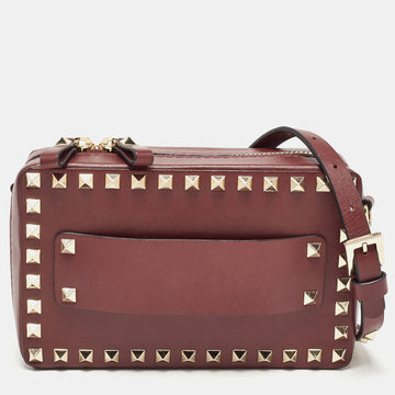 VALENTINO Burgundy Leather Rockstud Camera Crossbody Bag