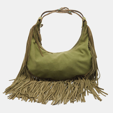 VALENTINO Military Green Canvas Fringe Hobo