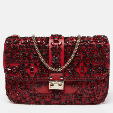 VALENTINO Red Leather Medium Rockstud Glam Lock Crystals Embellished Flap Bag