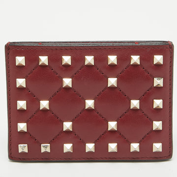 VALENTINO Burgundy Quilted Leather Rockstud Spike Card Case