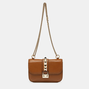 VALENTINO Brown Leather Small Rockstud Glam Lock Flap Bag