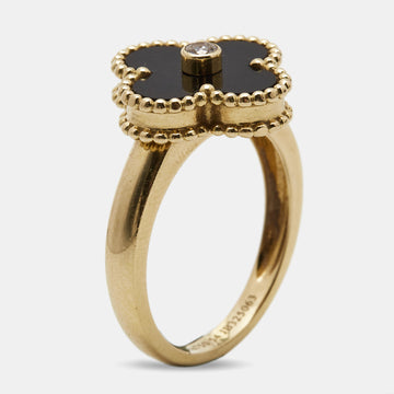 VAN CLEEF & ARPELS Vintage Alhambra Onyx Diamond 18k Yellow Gold Ring Size 54