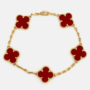 VAN CLEEF & ARPELS Vintage Alhambra Carnelian 18k Yellow Gold 5 Motif Station Bracelet