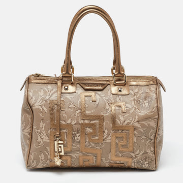 VERSACE Beige/Gold Printed Coated Canvas and Leather Boston Bag