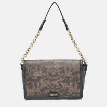 VERSACE Black/Brown Baroque Print Coated Canvas and Leather Flap Chain Bag