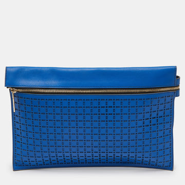 VICTORIA BECKHAM Blue Laser Cut Leather Large Zip Pouch