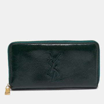 YVES SAINT LAURENT Green Patnet Leather Belle De Jour Zip Continental Wallet