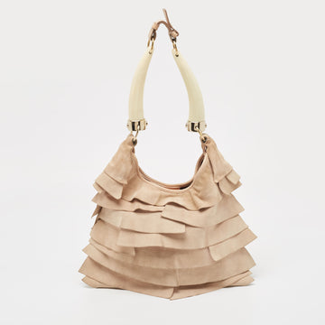 YVES SAINT LAURENT Light Beige Suede Small St. Tropez Double Horn Hobo