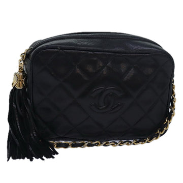 CHANEL Matelasse Fringe Chain Shoulder Bag Lamb Skin Black CC Auth mr262