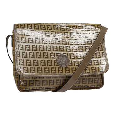 FENDI Zucchino Canvas Shoulder Bag Brown Silver Auth mr463