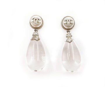 CHANEL Silver CC Crystal Round Pearl Water Drop XL Clip on Earrings